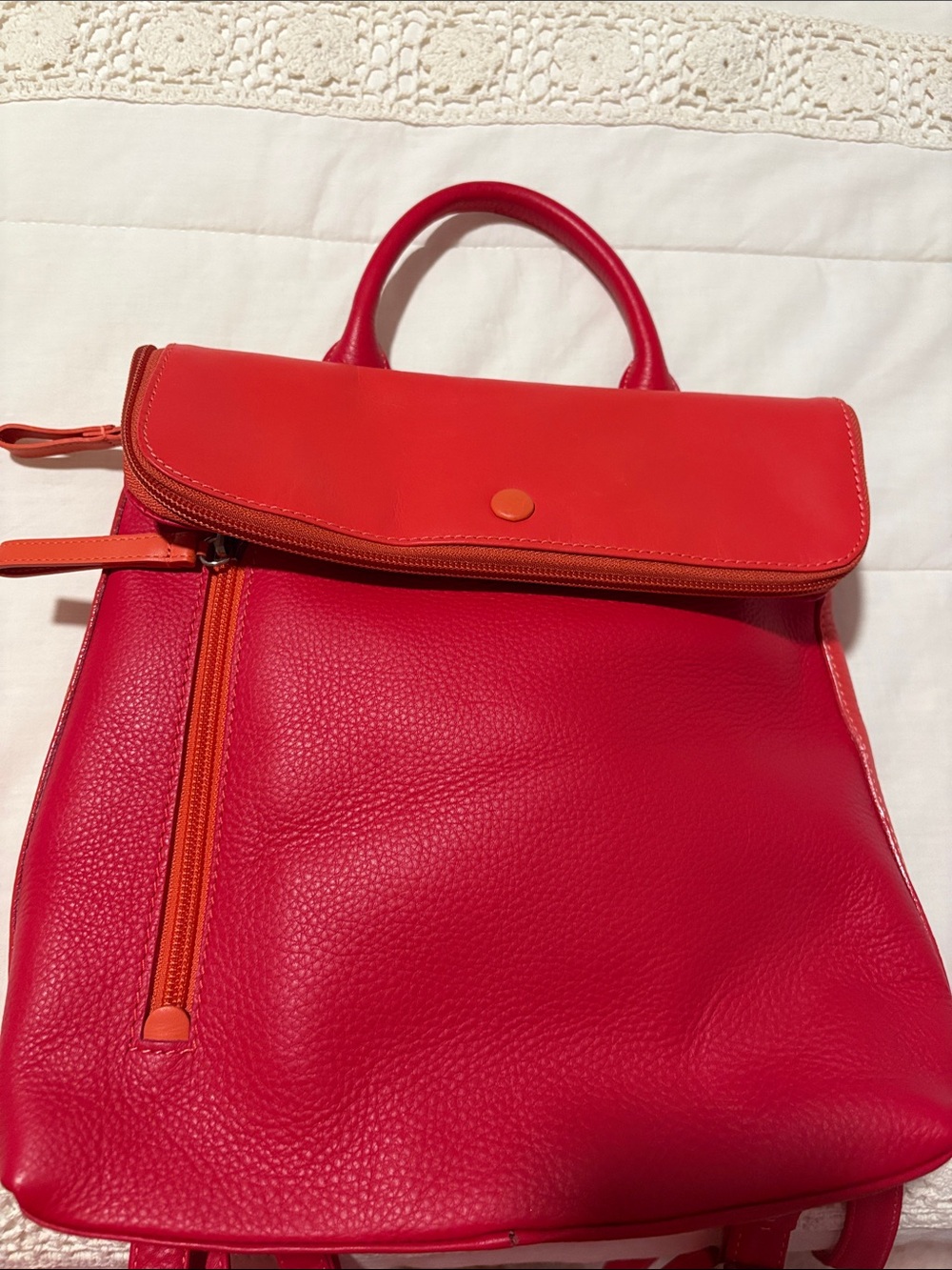 Women’s Two-Tone Red and Orange Leather Backpack